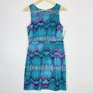 Charlie Jade Teal Pink Snake Print Sleeveless Shift Dress Women's Medium NEW NWT
